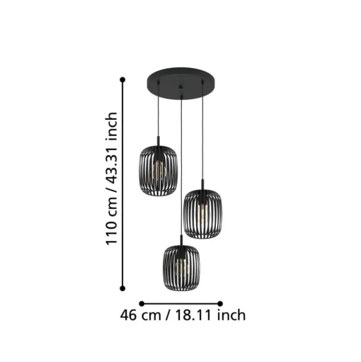 Romazzina hanglamp, Ø 46 cm, zwart, 3-lamps, staal