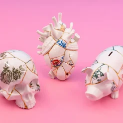 SELETTI Sculptuur Kintsugi Schedel, wit, porselein, goud