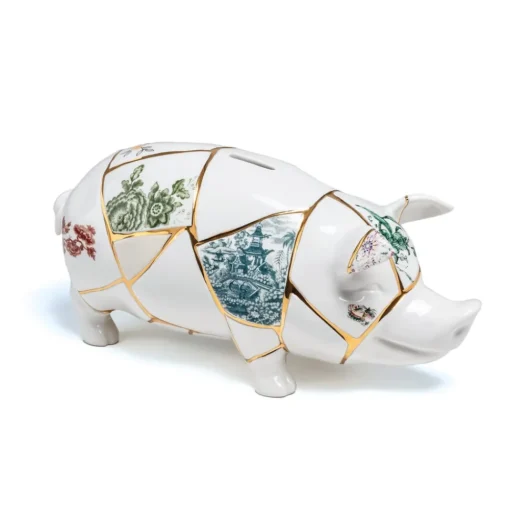 SELETTI spaarvarken Kintsugi, wit / kleurrijk, porselein, goud