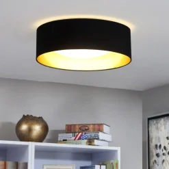 Stoffen plafondlamp Coleen in zwart, binnenin goud