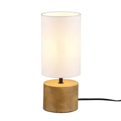 Tafellamp Woody, hout/textiel, cilinder, wit