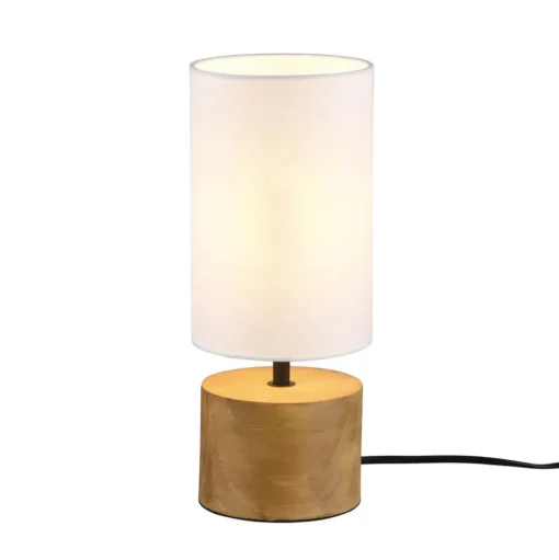 Tafellamp Woody, hout/textiel, cilinder, wit
