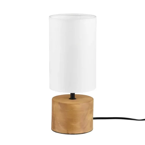 Tafellamp Woody, hout/textiel, cilinder, wit