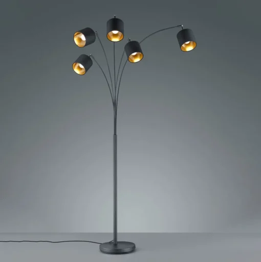 Tommy vloerlamp, zwart/goud, hoogte 200 cm, 5-lamps, stof