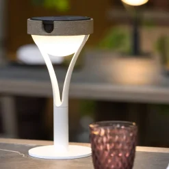 Tyble LED tafellamp op zonne-energie, wit / teak, 2.700 K, 200 lm