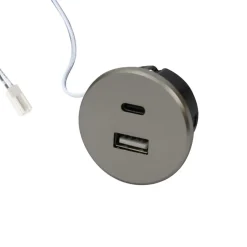 USB-A wandcontactdoos + USB-C, staal, meubelinbouw, 24V ingang 20W
