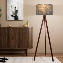 Vloerlamp 2072528, driebeen van hout, stoffen kap