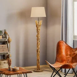Vloerlamp Agar met stoffen kap en houten element