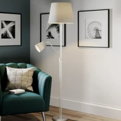 Vloerlamp Lindby Nantwin, 175 cm, grijs, nikkel, textiel