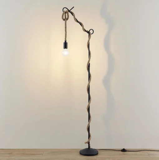 Vloerlamp Lucande Ropina, hoogte 180 cm, zwart, henneptouw