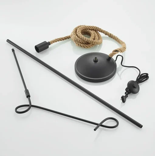 Vloerlamp Lucande Ropina, hoogte 180 cm, zwart, henneptouw