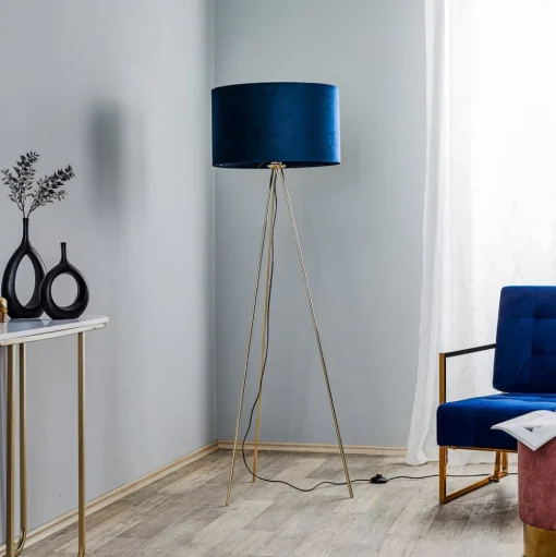 Vloerlamp Monaco, driepoot goud, blauw fluweel