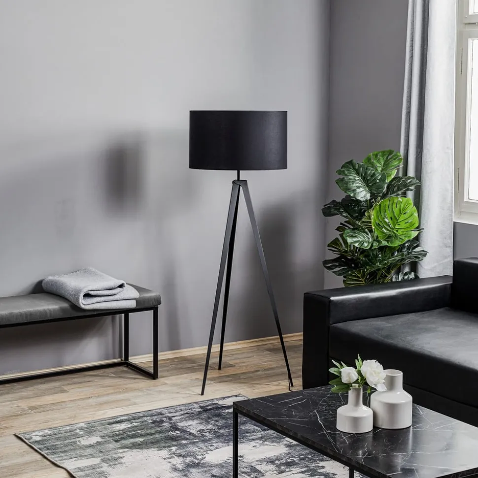 Vloerlamp Tago, driepoot, kap zwart/goud