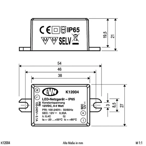 Voedingseenheid 12V/DC 0,1-4W, IP65, 100-240V/AC
