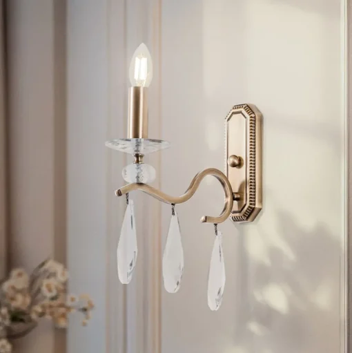 Wandlamp Elizabeth, hoogte 30 cm metaal/kristal goud antiek