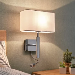 Wandlamp Lucande Jettka, hoogte 63 cm, leesarm, textiel