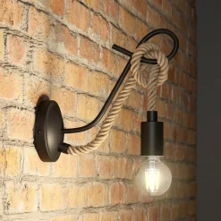 Wandlamp Lucande Ropina, zwart, henneptouw, hoogte 25cm