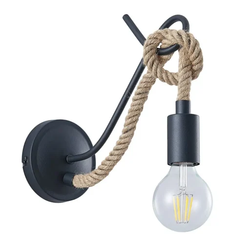 Wandlamp Lucande Ropina, zwart, henneptouw, hoogte 25cm