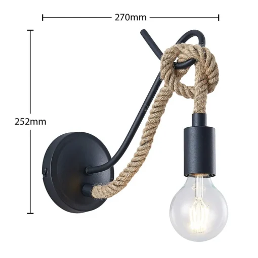 Wandlamp Lucande Ropina, zwart, henneptouw, hoogte 25cm