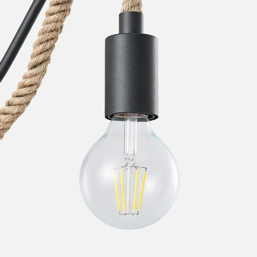 Wandlamp Lucande Ropina, zwart, henneptouw, hoogte 25cm