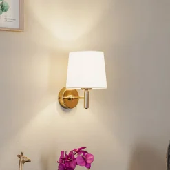 Wandlamp Polo Plus textiel kap, messing/crème
