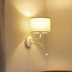 Wandlamp Roller, katoen ruw wit, wit, met leeslampje