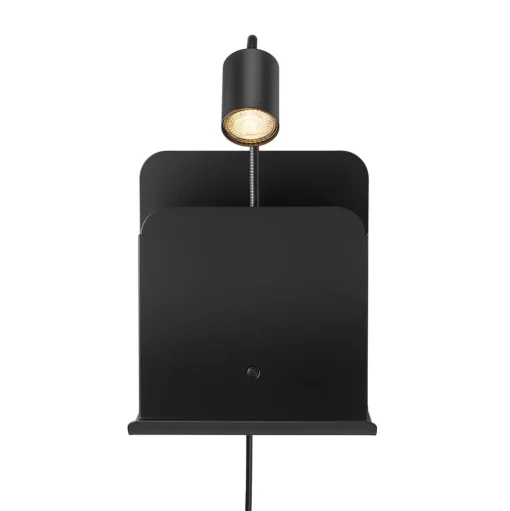 Wandlamp Roomi met legbord en USB, zwart