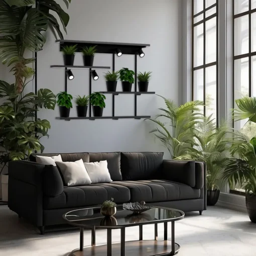 Wandlamp Shelf, zwart, breedte 102 cm, hout, 4-lamps.